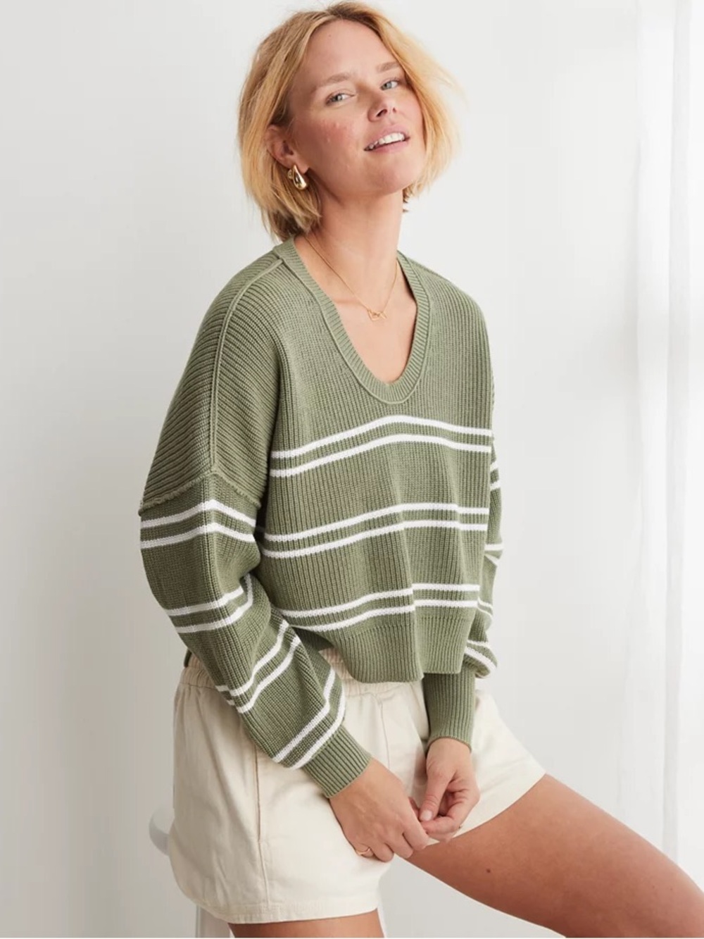 Aerie Olive Green Striped Oversized V-Neck Sweater S/P